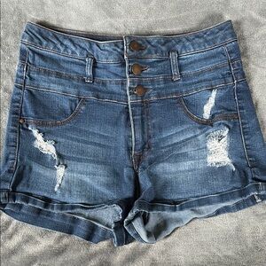 Refuge Blue Jean Shorts with Distressed Cuffed Hem